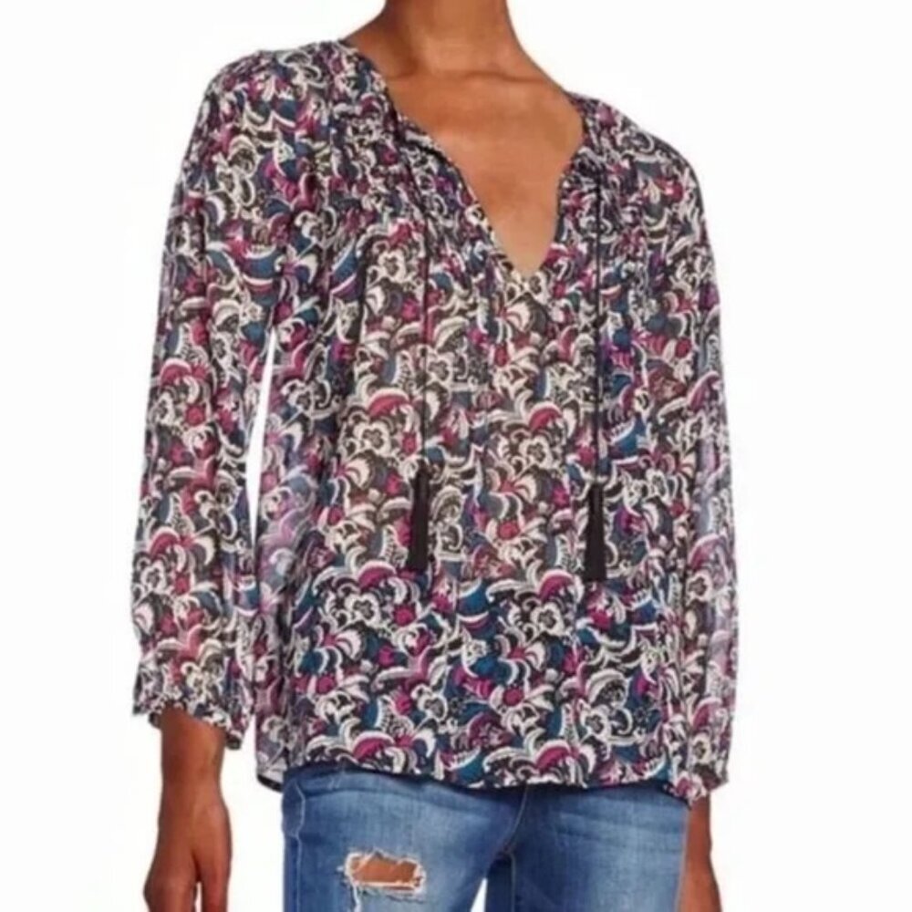 JOIE  Suzetta Starry Night Freesia silk top with tassel’s small blouse